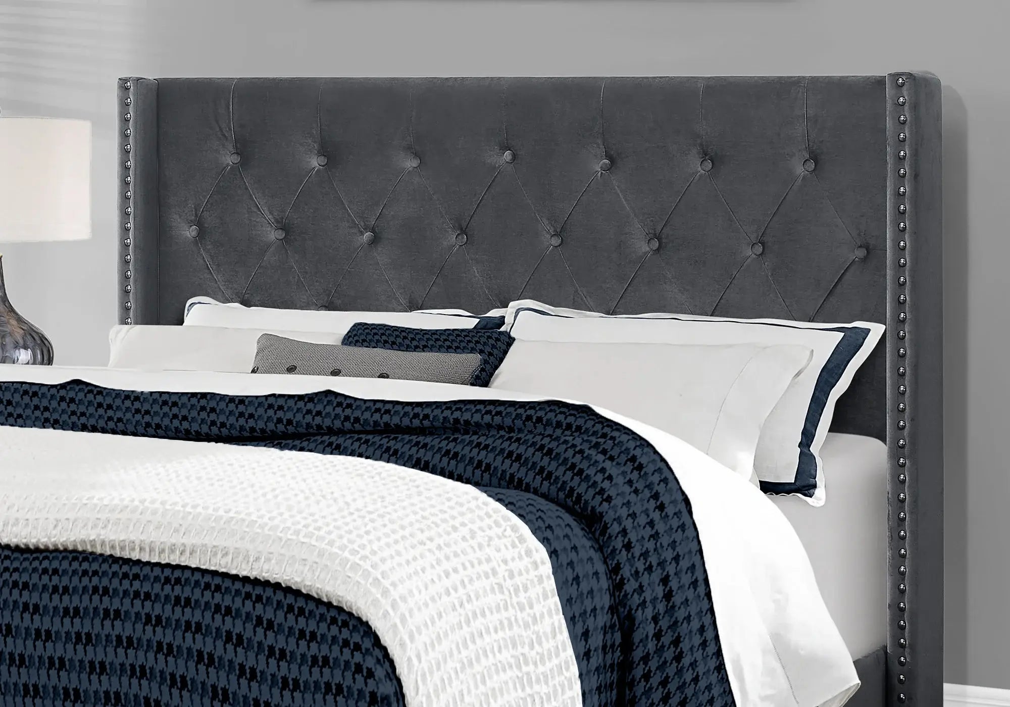 Solid Wood Queen Tufted Gray Upholstered Velvet Bed With Nailhead Trim - Homeroots - Flyclothing LLC