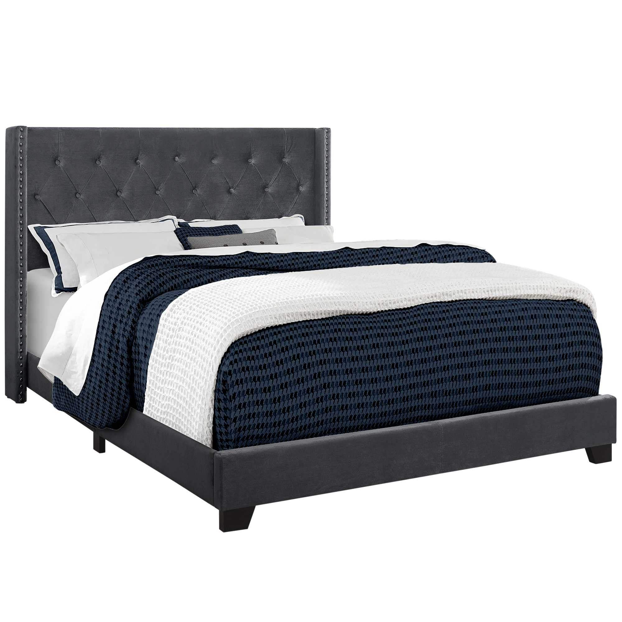 Solid Wood Queen Tufted Gray Upholstered Velvet Bed With Nailhead Trim - Homeroots - Flyclothing LLC