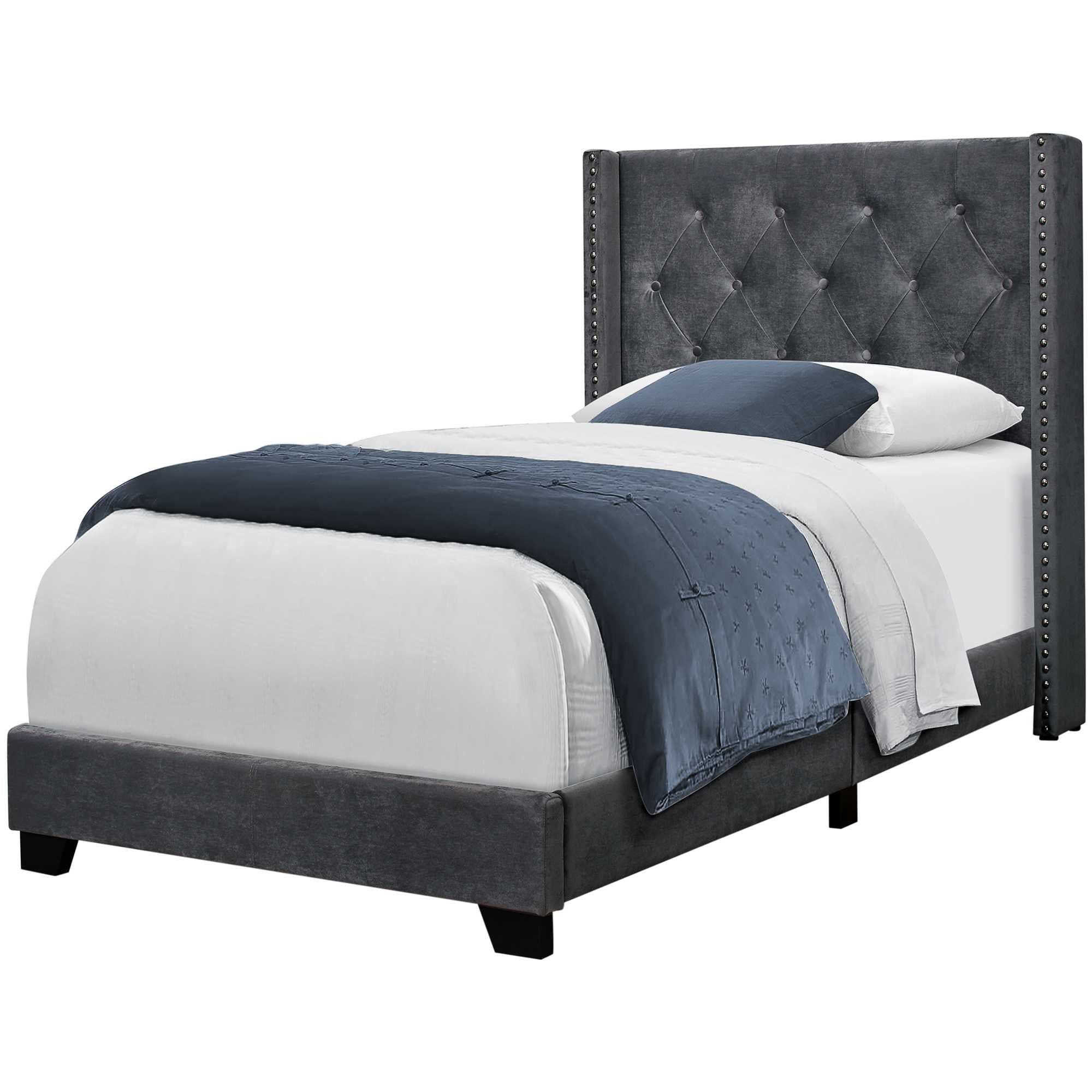 45.25" X 82.75" X 49.75" Dark Grey Velvet With Chrome Trim - Twin Size Bed - Homeroots