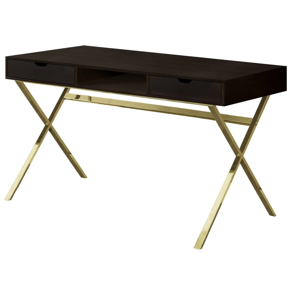 24" Dark Brown and Gold Computer Desk With Two Drawers - Homeroots - Flyclothing LLC