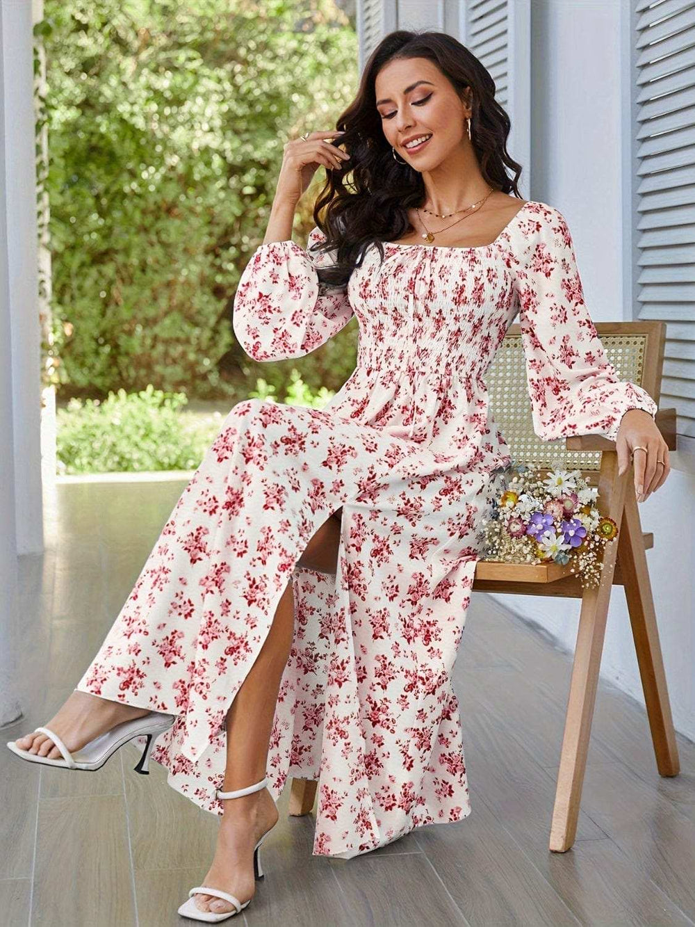 Slit Smocked Floral Square Neck Balloon Sleeve Midi Dress - Trendsi - Flyclothing LLC