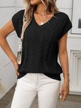 Cable-Knit V-Neck Short Sleeve Knit Top - Trendsi - Flyclothing LLC
