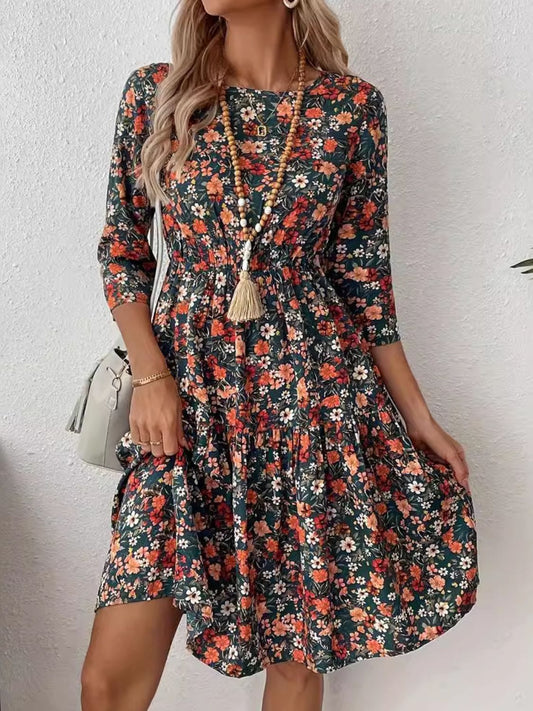 Frill Floral Round Neck Dress - Trendsi