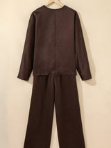 Braided V Neck Long Sleeve Loose Top and Drawstring High Waist Pants 2pcs Outfit - Trendsi - Flyclothing LLC