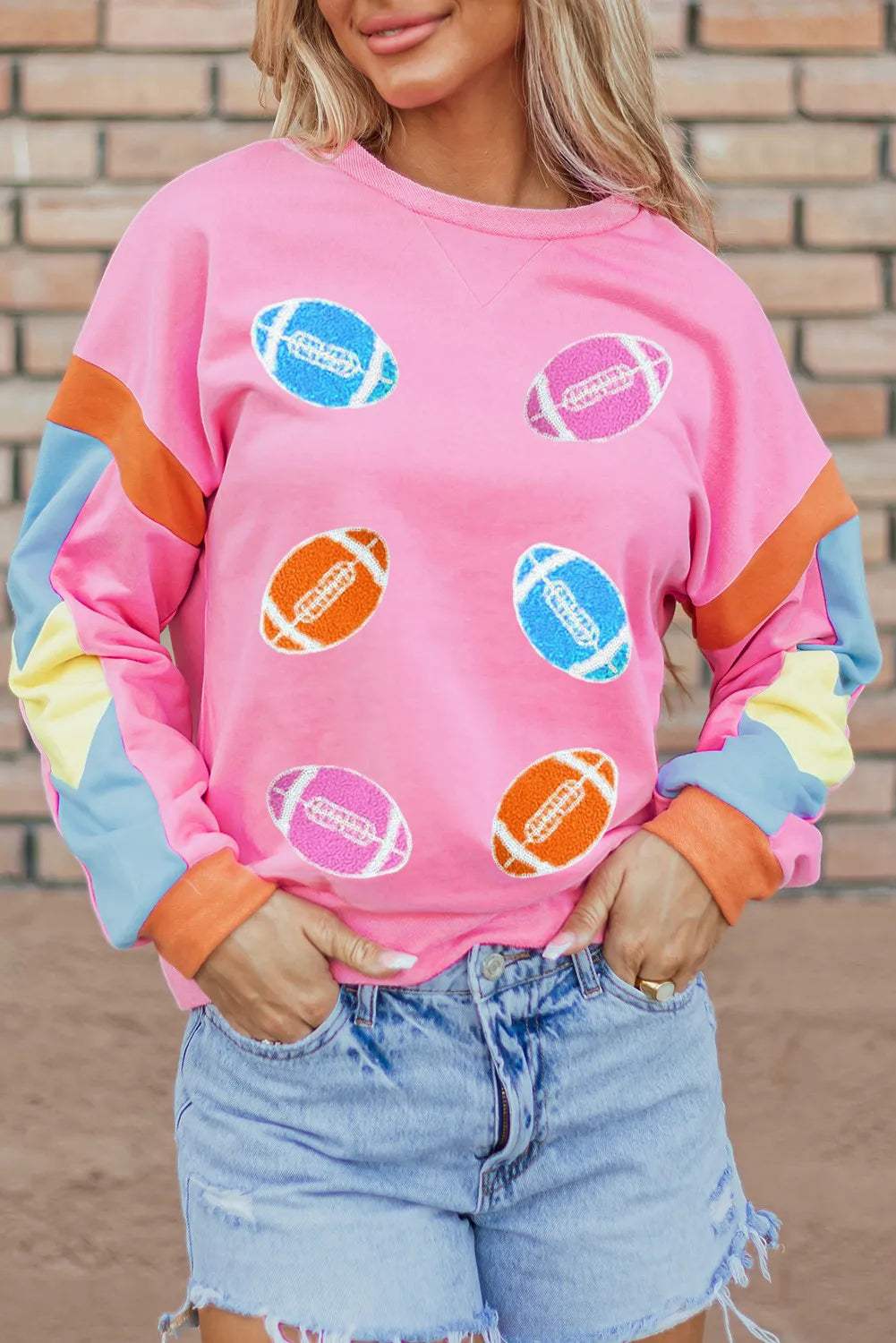Contrast Football Long Sleeve Sweatshirt - Trendsi - Flyclothing LLC