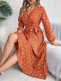 Tied Polka Dot Long Sleeve Midi Dress - Trendsi - Flyclothing LLC