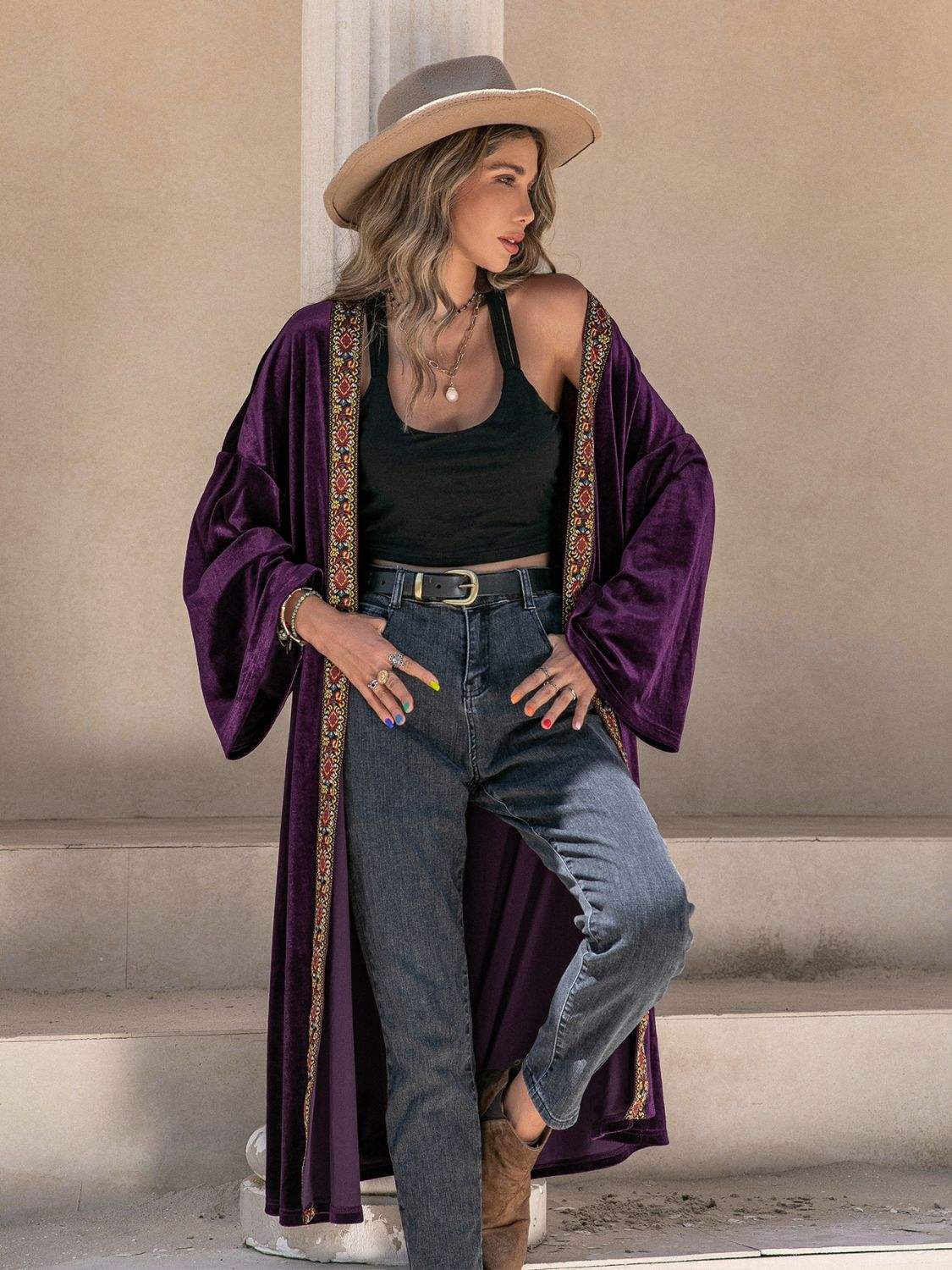 Embroidered Open Front Long Sleeve Cardigan - Trendsi - Flyclothing LLC
