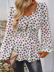 Peplum Printed Long Sleeve Blouse - Trendsi