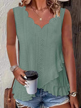 V-Neck Eyelet Ruffled Tank Top - Trendsi - Flyclothing LLC