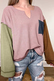 Color Block Textured Notched Long Sleeve Top - Trendsi - Flyclothing LLC