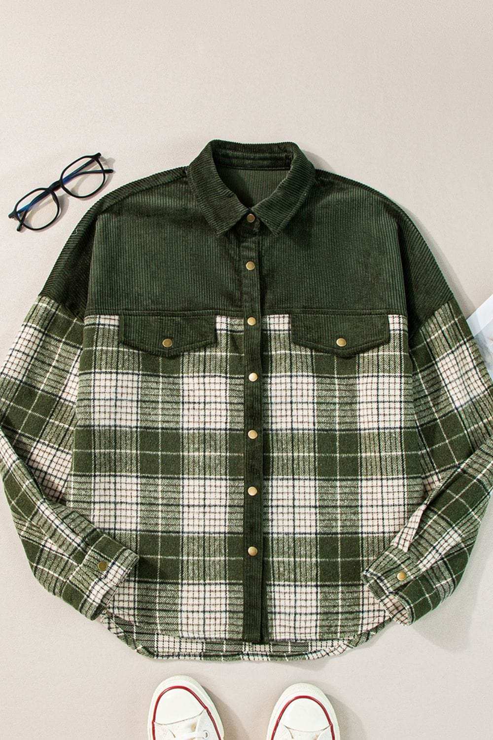 Snap Down Collared Neck Plaid Shacket - Trendsi - Flyclothing LLC