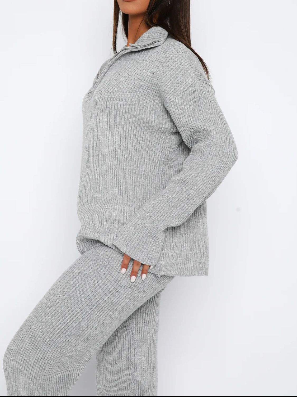 Quarter Zip Long Sleeve Top and Pants Set - Trendsi - Flyclothing LLC