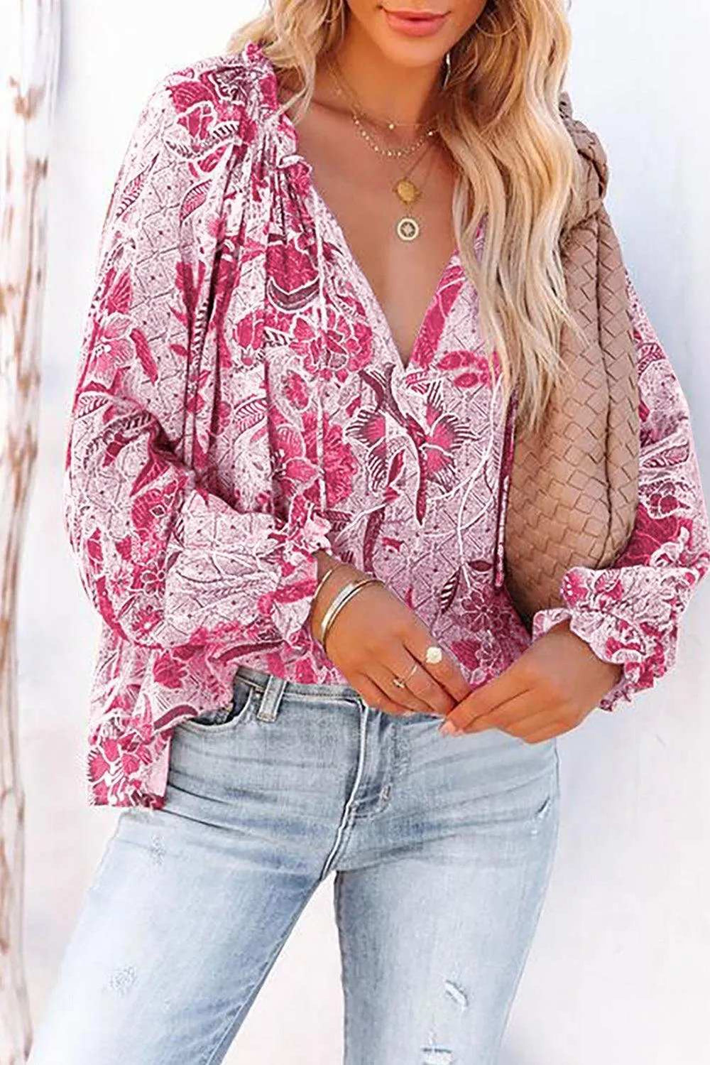 Floral Tie Neck Flounce Sleeve Blouse - Trendsi - Flyclothing LLC