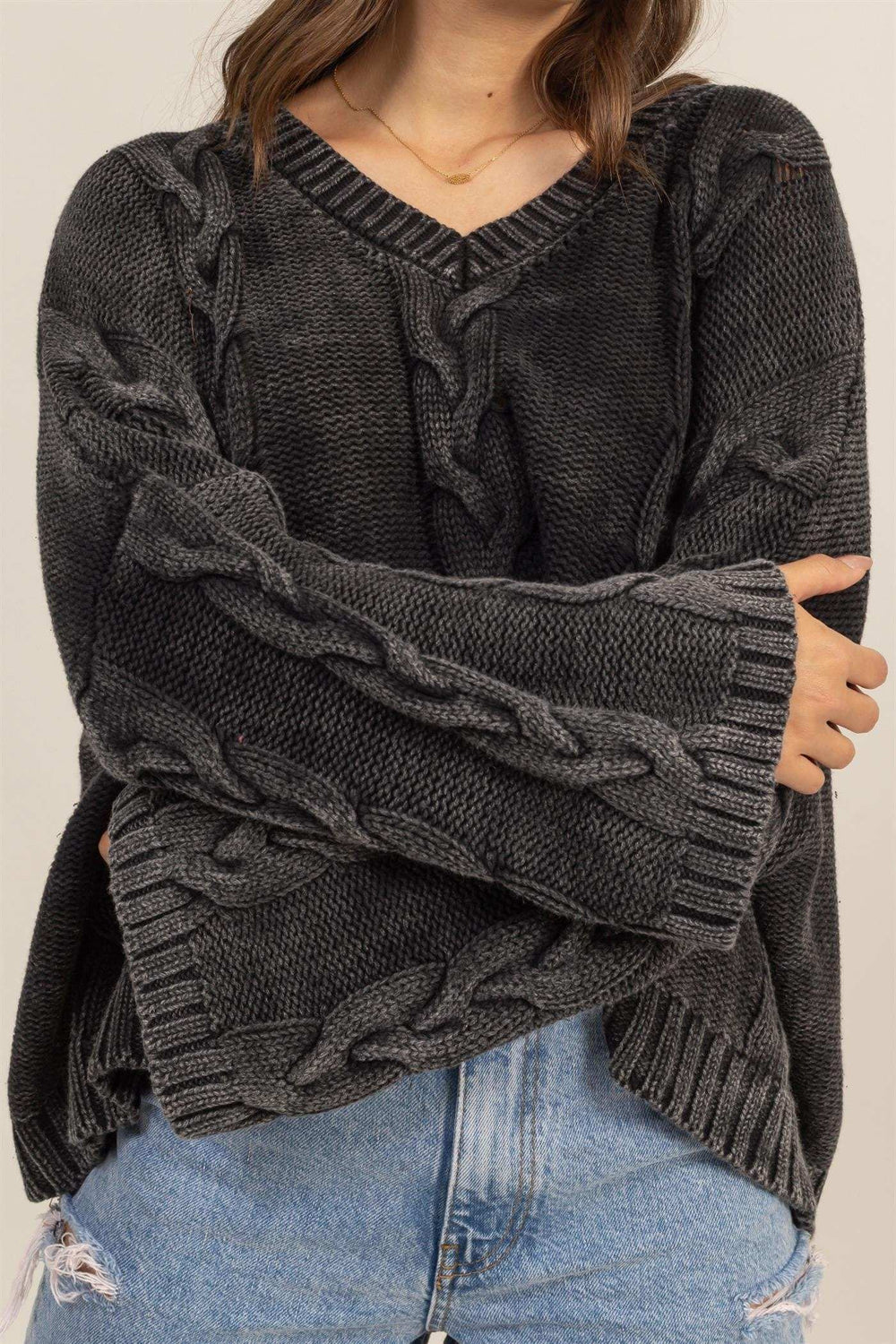 HYFVE Cable Knit V-Neck Dropped Shoulder Oversized Sweater - Trendsi - Flyclothing LLC
