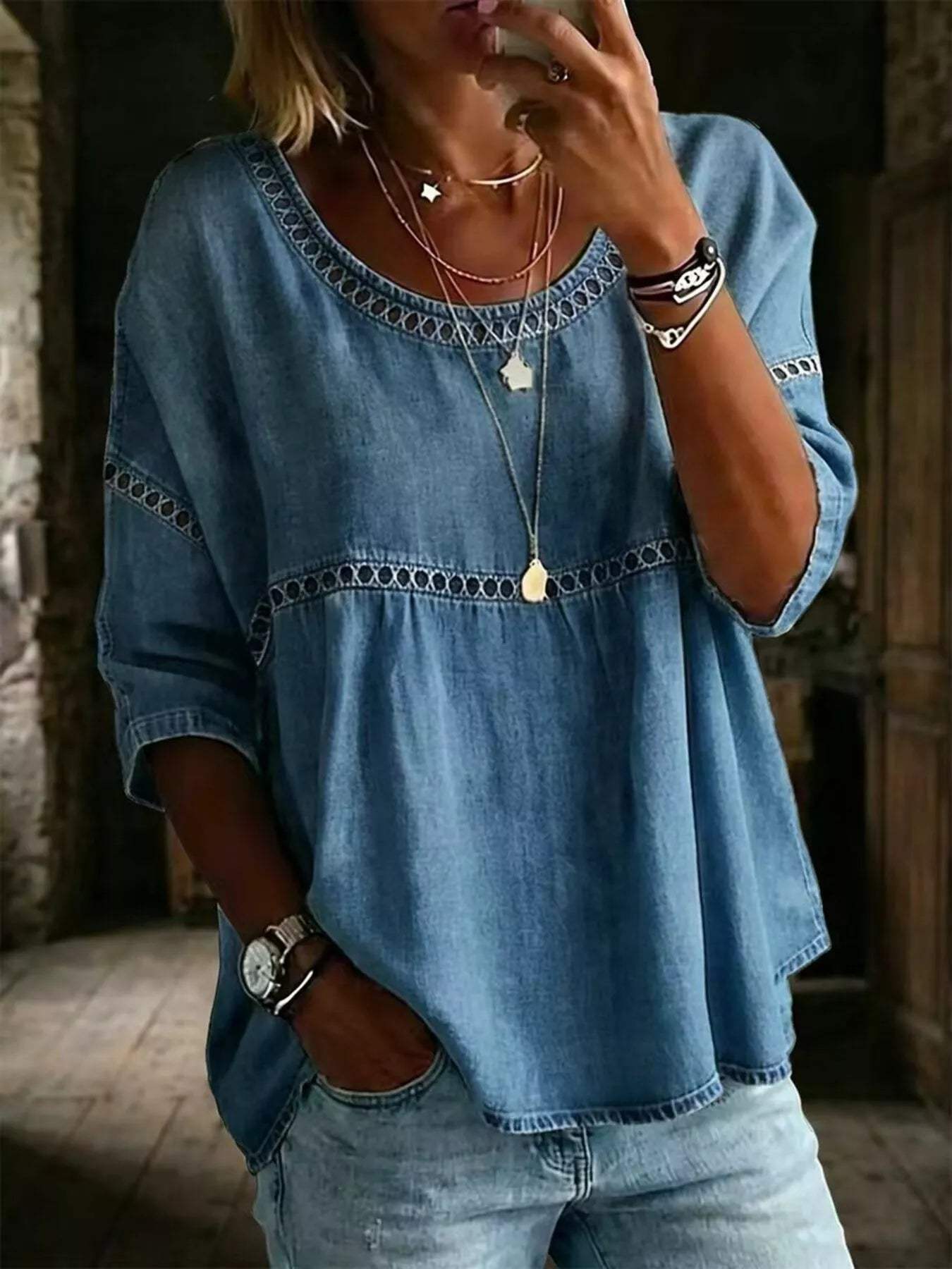 Full Size Hollow Out Round Neck Top Plus Size - Trendsi - Flyclothing LLC