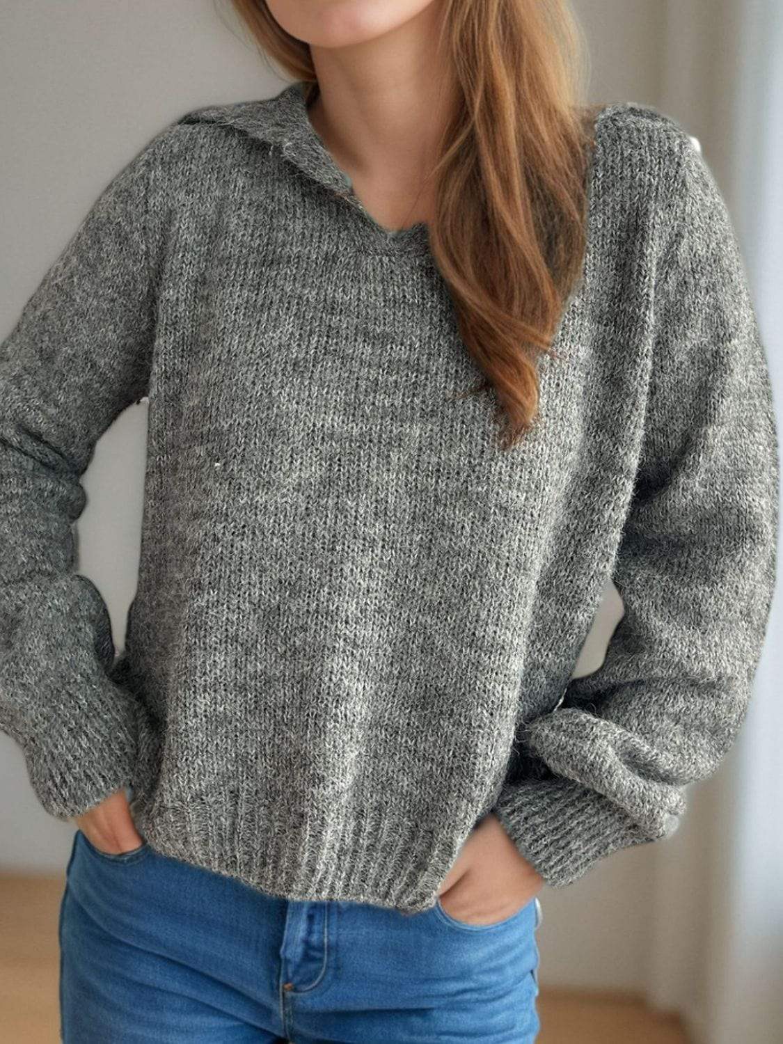 Collared Neck Long Sleeve Sweater - Trendsi - Flyclothing LLC