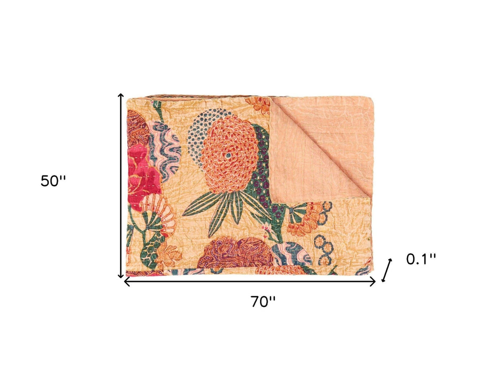 50" X 70" Orange and Red Kantha Cotton Floral Throw Blanket with Embroidery - Homeroots - Flyclothing LLC