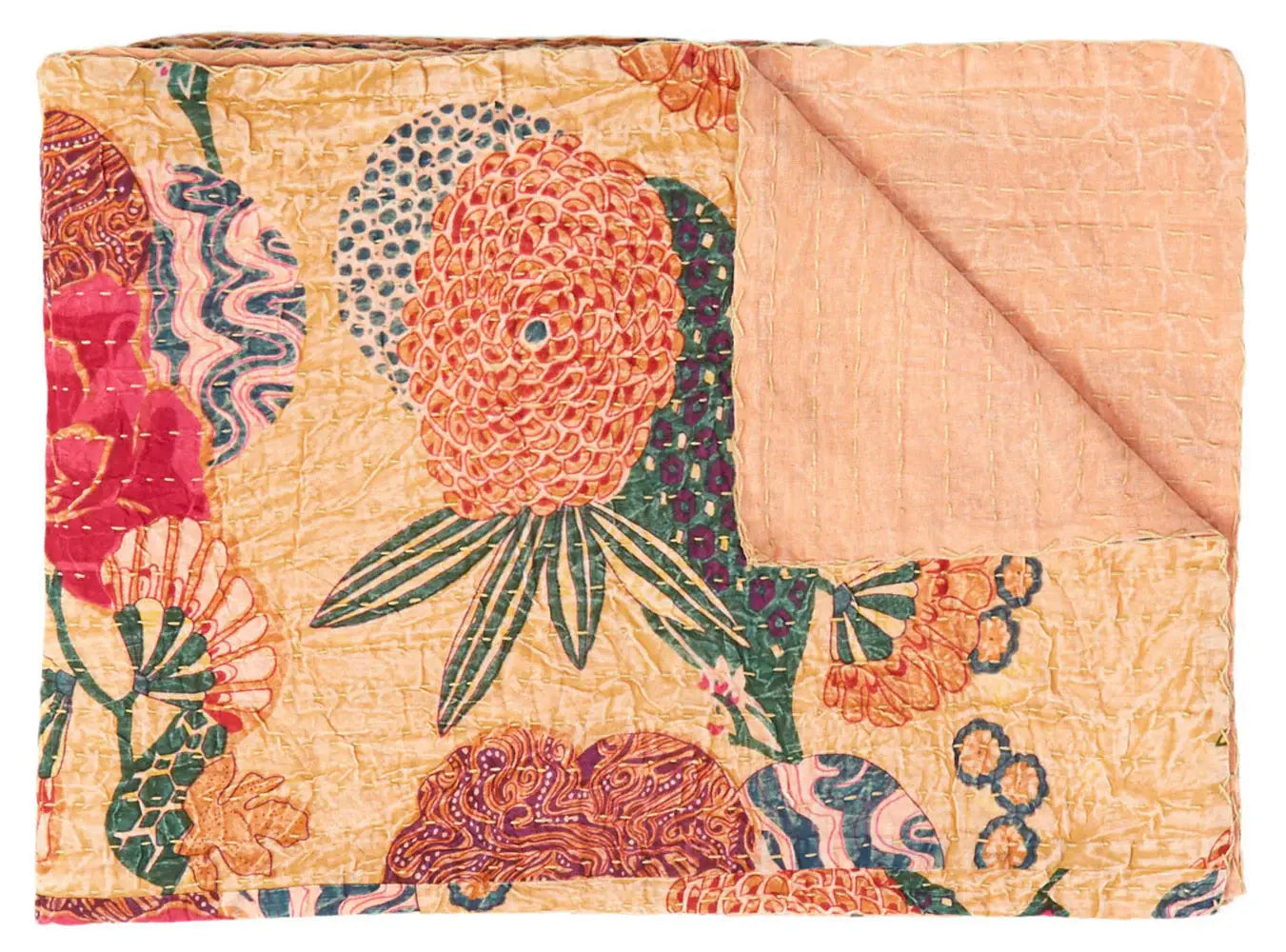 50" X 70" Orange and Red Kantha Cotton Floral Throw Blanket with Embroidery - Homeroots - Flyclothing LLC
