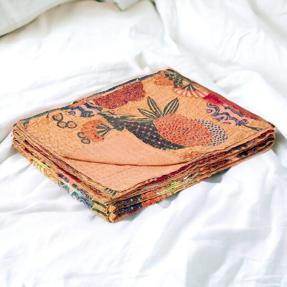 50" X 70" Orange and Red Kantha Cotton Floral Throw Blanket with Embroidery - Homeroots