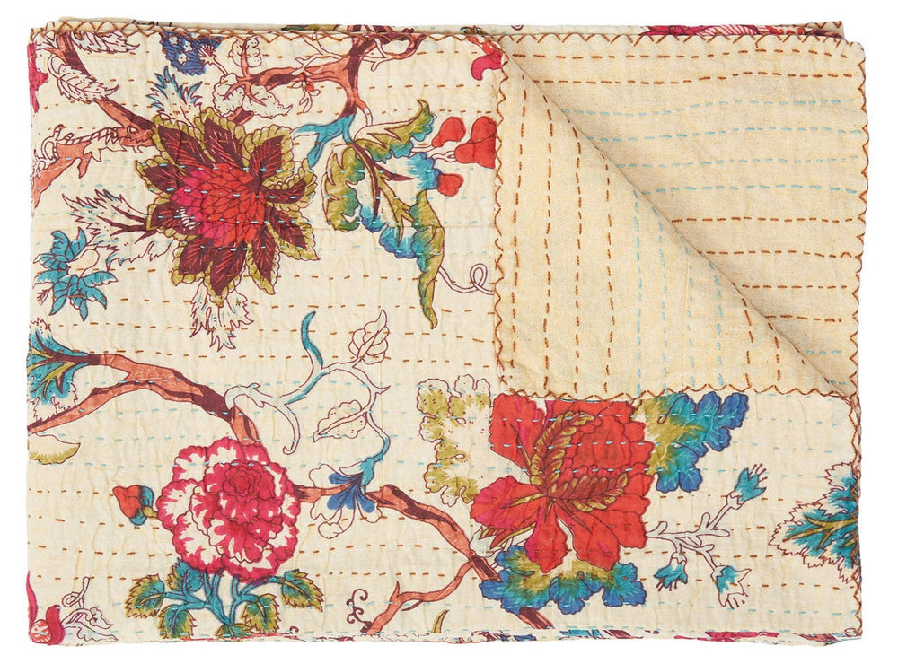 50" X 70" Yellow and Red Kantha Cotton Floral Throw Blanket with Embroidery - Homeroots