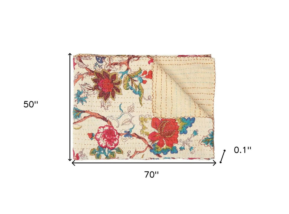 50" X 70" Yellow and Red Kantha Cotton Floral Throw Blanket with Embroidery - Homeroots - Flyclothing LLC