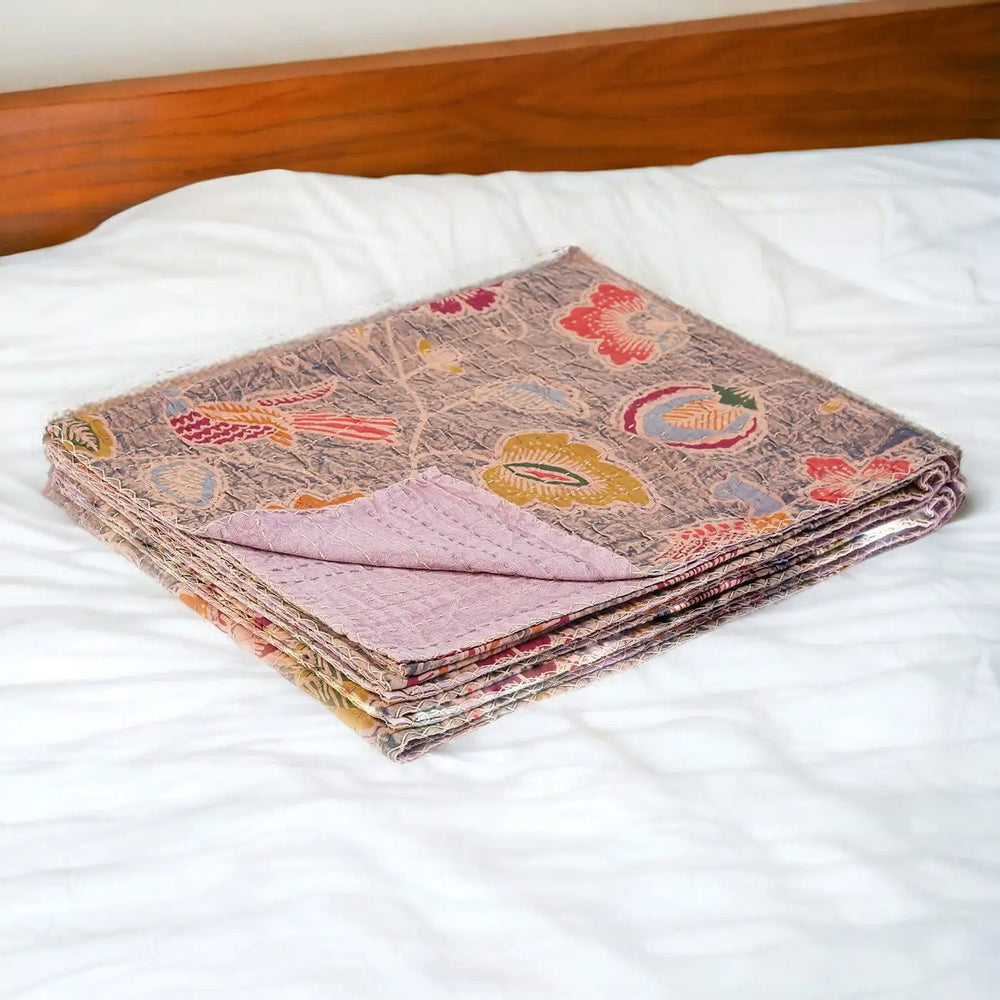 50" X 70" Gray and Pink Kantha Cotton Floral Throw Blanket with Embroidery - Homeroots