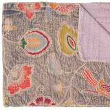 50" X 70" Gray and Pink Kantha Cotton Floral Throw Blanket with Embroidery - Homeroots