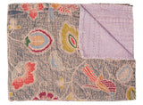 50" X 70" Gray and Pink Kantha Cotton Floral Throw Blanket with Embroidery - Homeroots