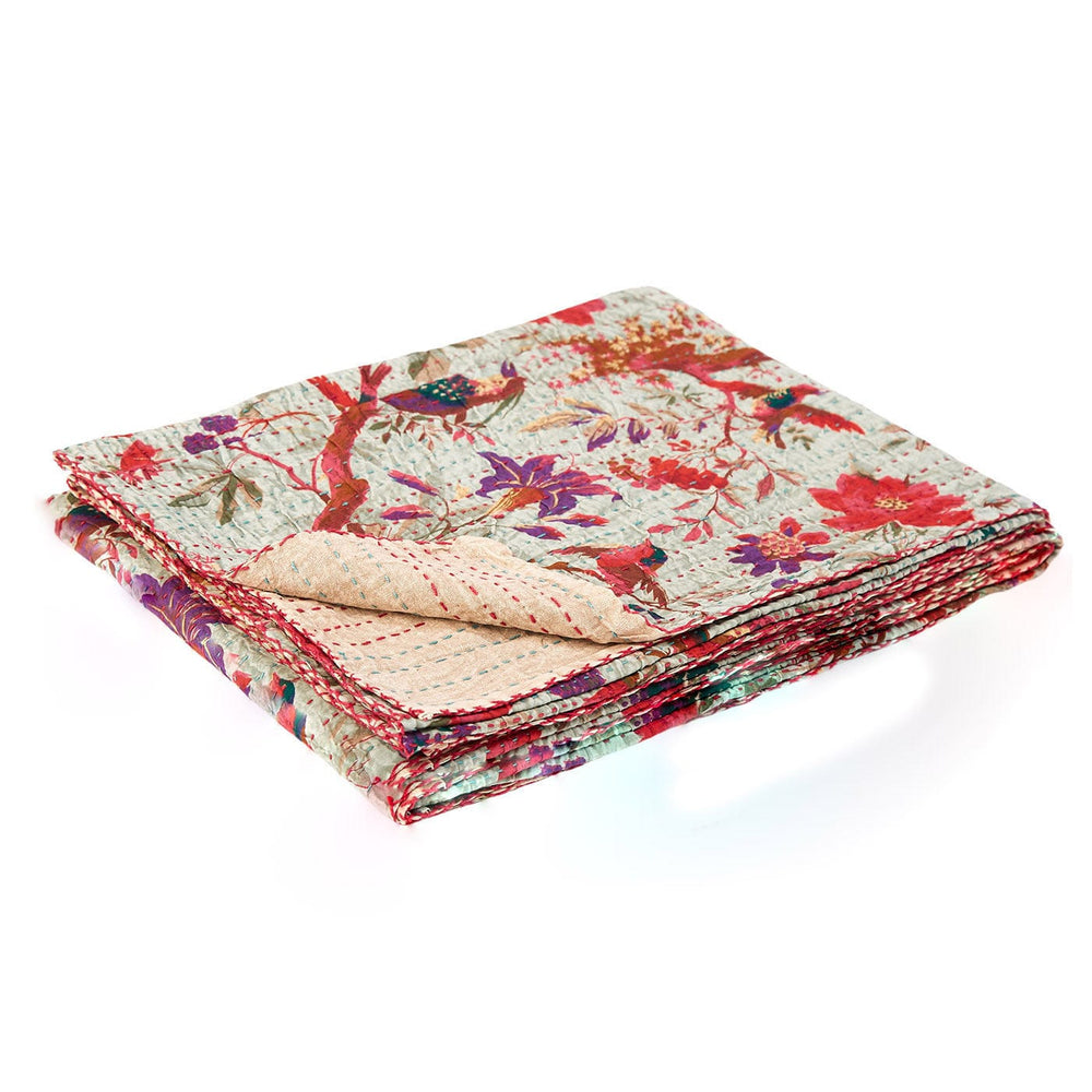 50" X 70" Pink and Ivory Kantha Cotton Floral Throw Blanket with Embroidery - Homeroots - Flyclothing LLC