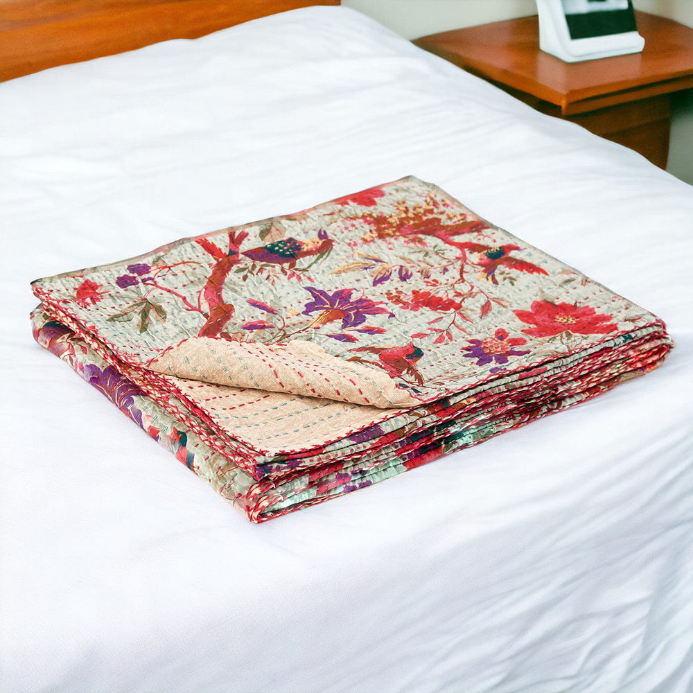 50" X 70" Pink and Ivory Kantha Cotton Floral Throw Blanket with Embroidery - Homeroots - Flyclothing LLC