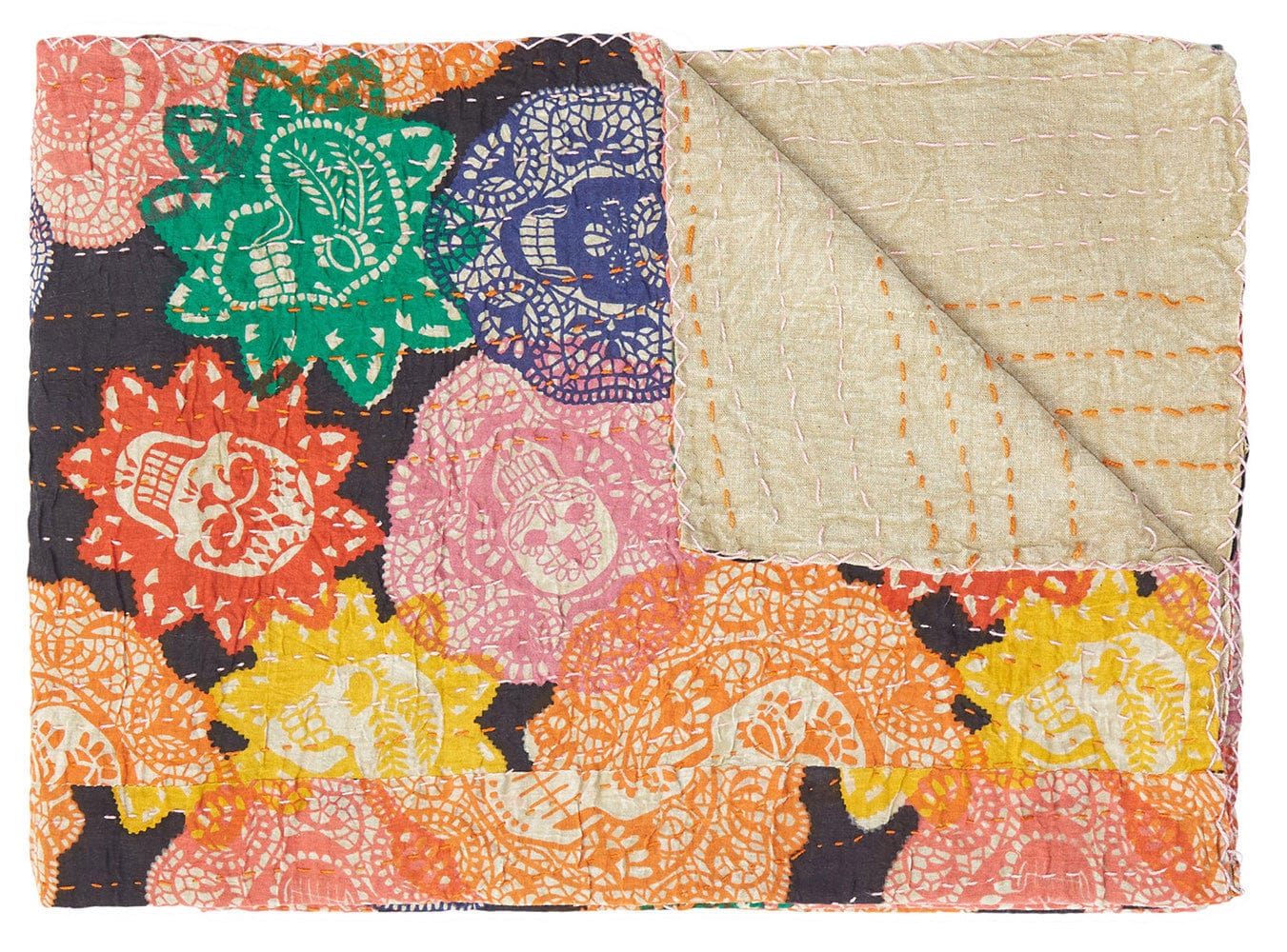 50" X 70" Black Green Red and Pink Kantha Cotton Patchwork Throw Blanket with Embroidery - Homeroots - Flyclothing LLC