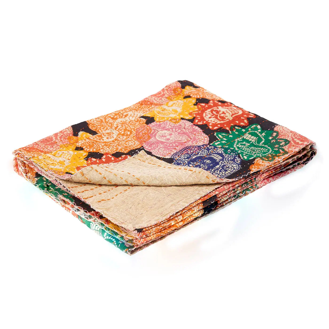 50" X 70" Black Green Red and Pink Kantha Cotton Patchwork Throw Blanket with Embroidery - Homeroots - Flyclothing LLC