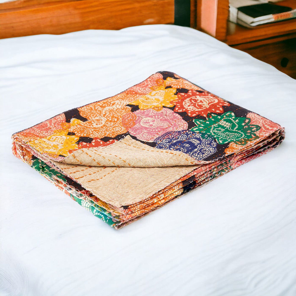 50" X 70" Black Green Red and Pink Kantha Cotton Patchwork Throw Blanket with Embroidery - Homeroots