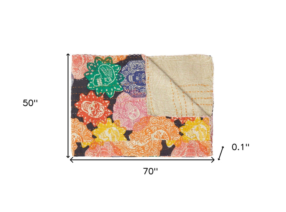 50" X 70" Black Green Red and Pink Kantha Cotton Patchwork Throw Blanket with Embroidery - Homeroots - Flyclothing LLC