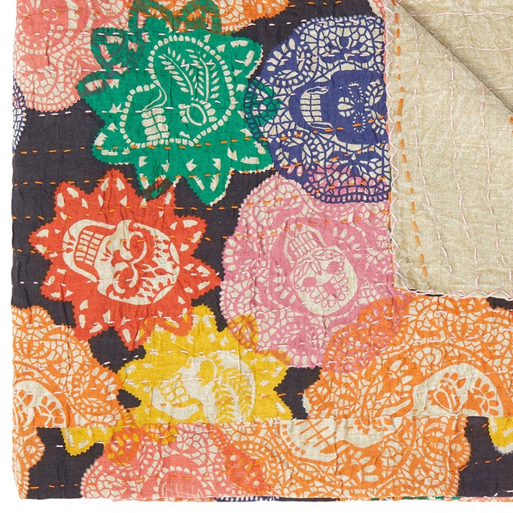 50" X 70" Black Green Red and Pink Kantha Cotton Patchwork Throw Blanket with Embroidery - Homeroots - Flyclothing LLC