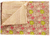 50" X 70" Green and Brown Kantha Cotton Floral Throw Blanket with Embroidery - Homeroots