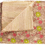 50" X 70" Green and Brown Kantha Cotton Floral Throw Blanket with Embroidery - Homeroots