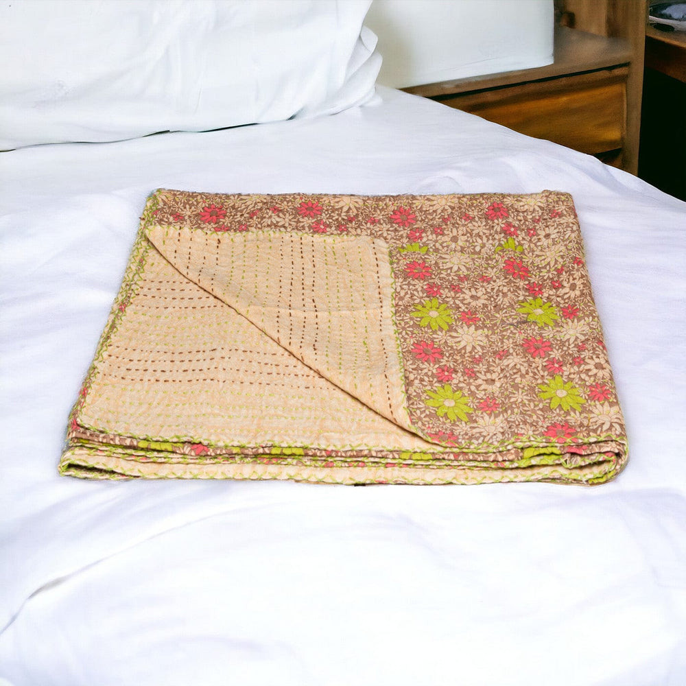 50" X 70" Green and Brown Kantha Cotton Floral Throw Blanket with Embroidery - Homeroots