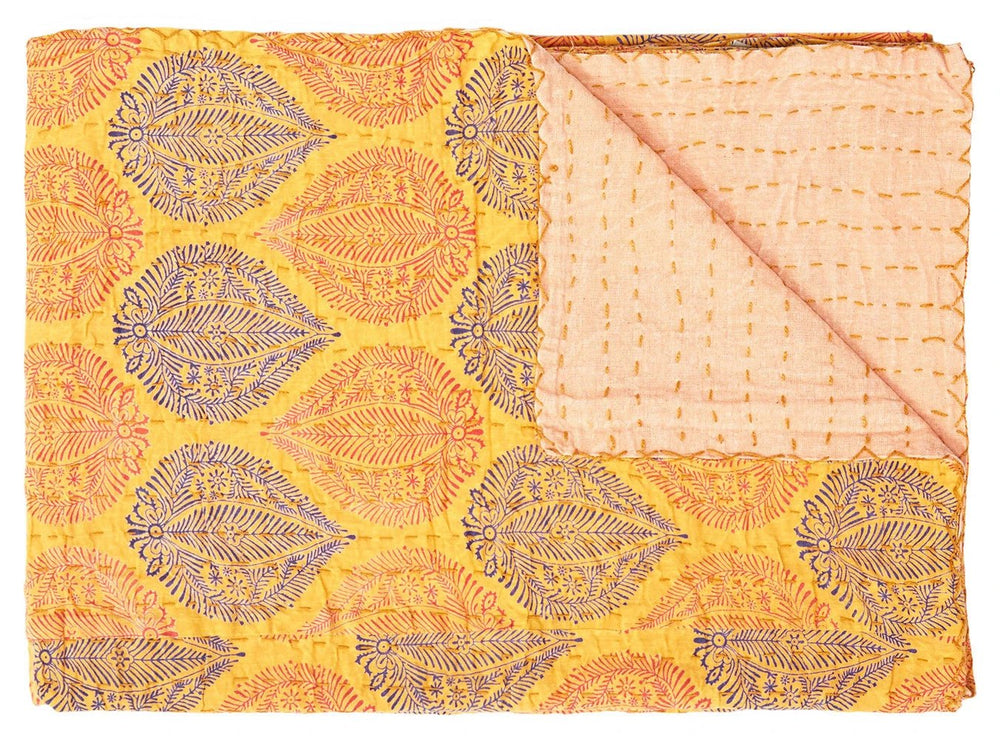 50" X 70" Yellow and Peach Kantha Cotton Patchwork Throw Blanket with Embroidery - Homeroots