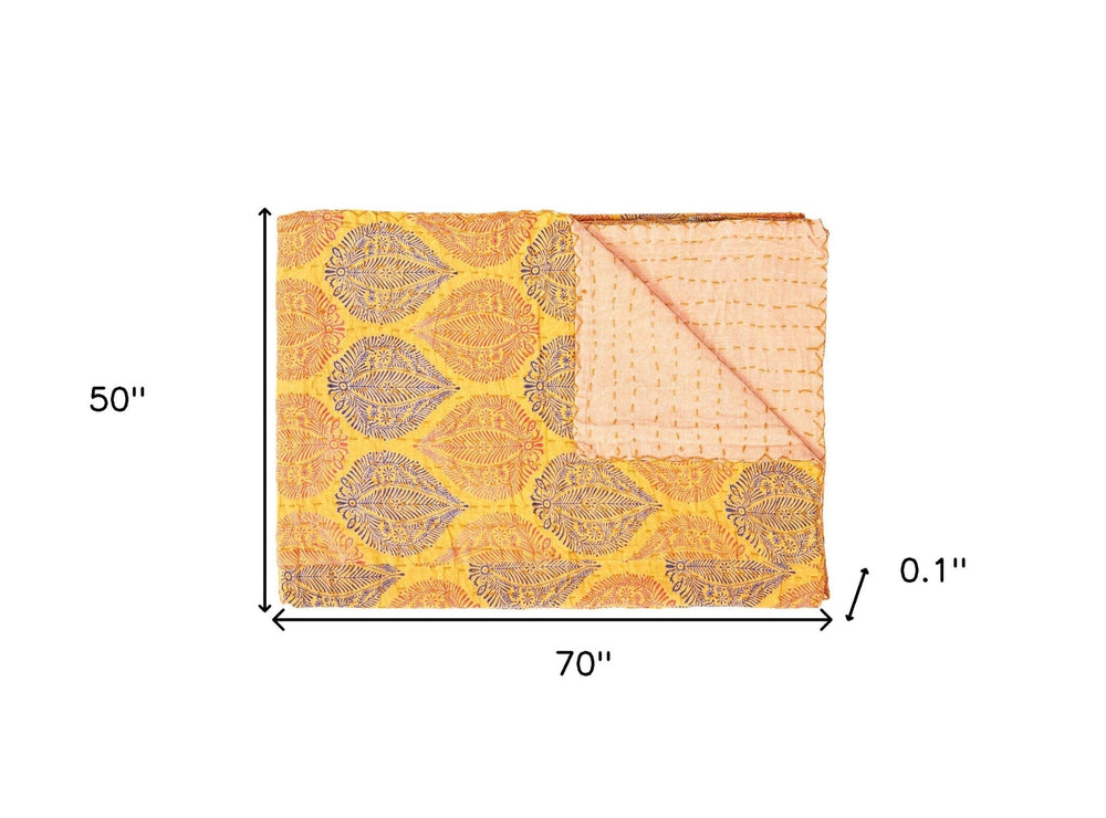 50" X 70" Yellow and Peach Kantha Cotton Patchwork Throw Blanket with Embroidery - Homeroots - Flyclothing LLC