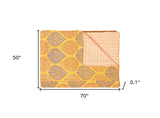 50" X 70" Yellow and Peach Kantha Cotton Patchwork Throw Blanket with Embroidery - Homeroots