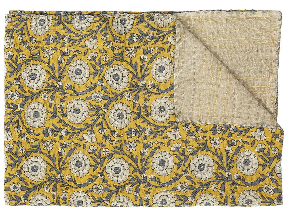 50" X 70" Yellow and Gray Kantha Cotton Floral Throw Blanket - Homeroots
