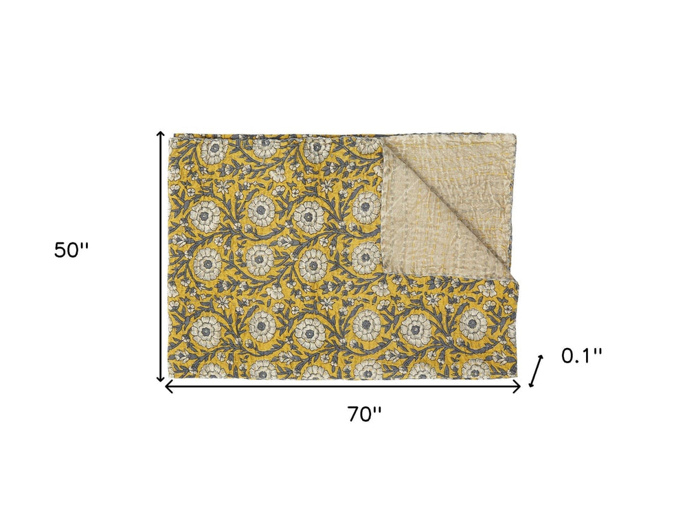50" X 70" Yellow and Gray Kantha Cotton Floral Throw Blanket - Homeroots - Flyclothing LLC