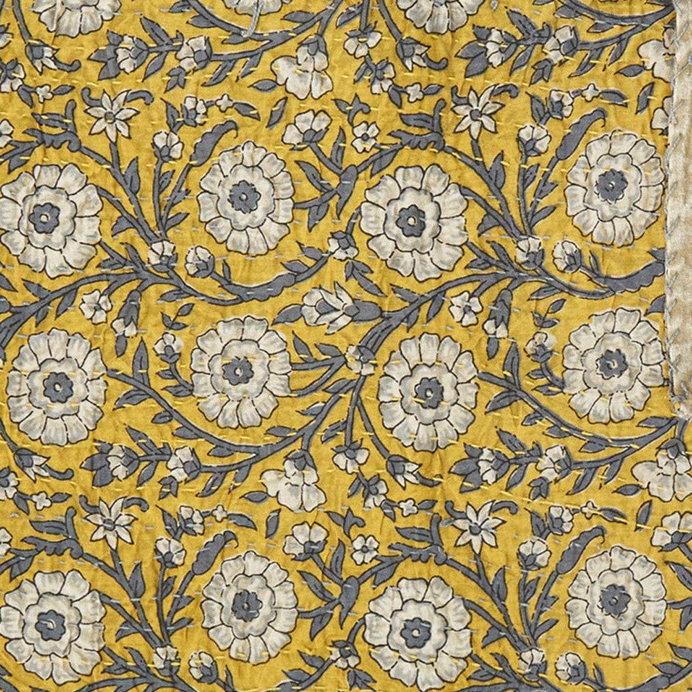 50" X 70" Yellow and Gray Kantha Cotton Floral Throw Blanket - Homeroots - Flyclothing LLC