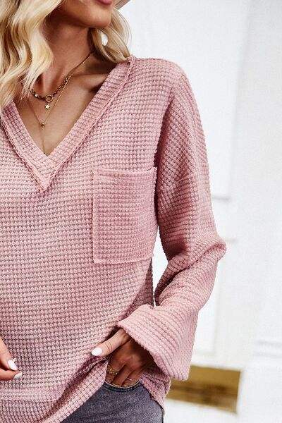 Devine Waffle-Knit V-Neck Long Sleeve Top - Trendsi - Flyclothing LLC