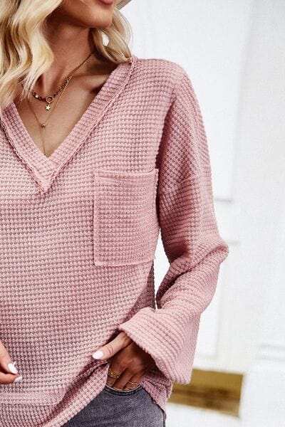 Devine Waffle-Knit V-Neck Long Sleeve Top - Trendsi - Flyclothing LLC