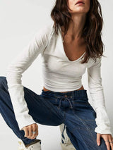 Exposed Seam Notched Long Sleeve T-Shirt - Trendsi - Flyclothing LLC