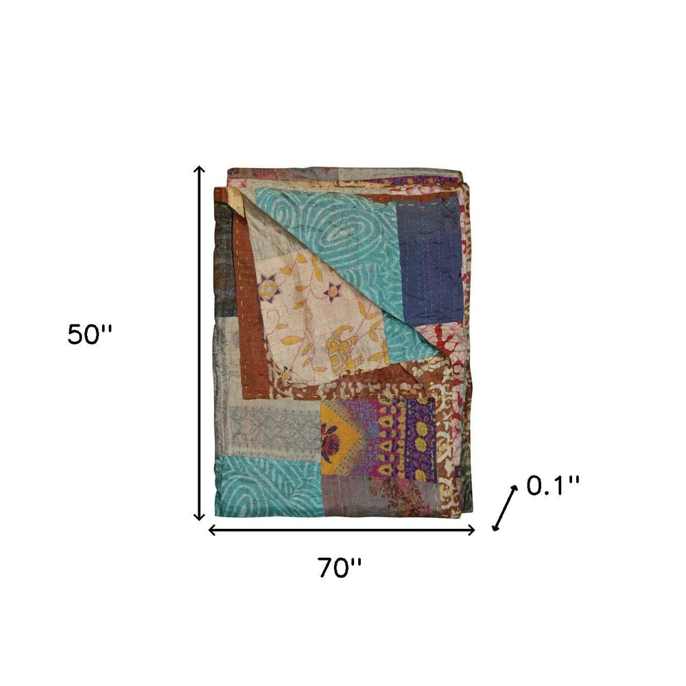 50" X 70" Green and Brown Quilted Cotton Patchwork Throw Blanket with Embroidery - Homeroots - Flyclothing LLC