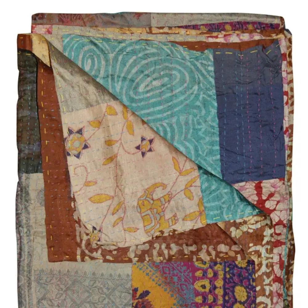 50" X 70" Green and Brown Quilted Cotton Patchwork Throw Blanket with Embroidery - Homeroots - Flyclothing LLC