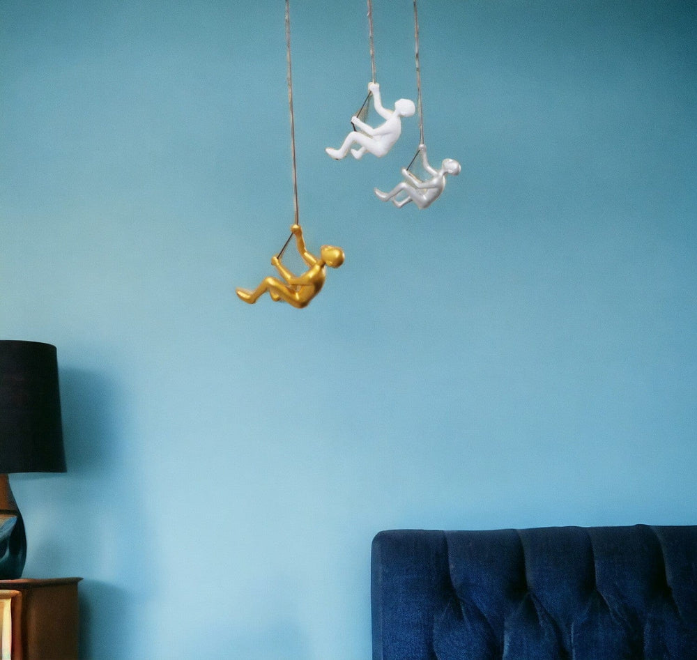 Set of Three 6" White Silver and Gold Climbing Men With Rope Wall Art - Homeroots